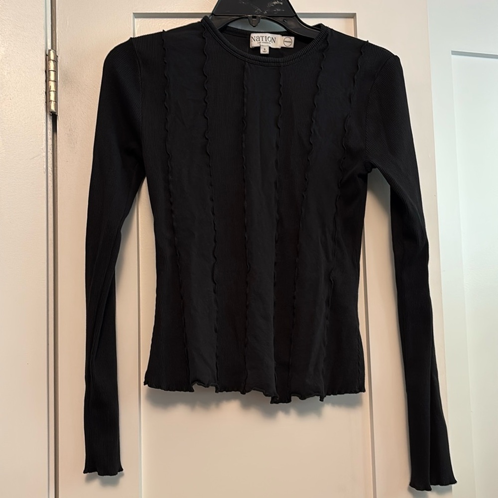 Nation LTD organic black long sleeve shirt with ribbing in a pattern